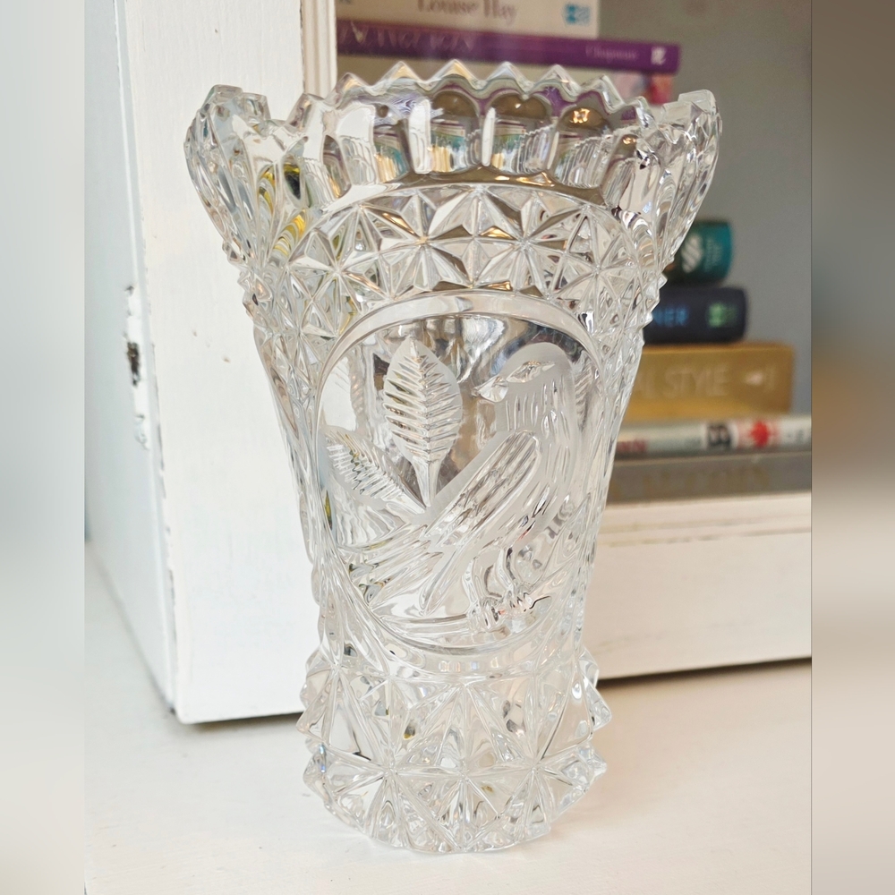 Vintage Crystal Clear Glass Vase With Bird Design Made In Germany